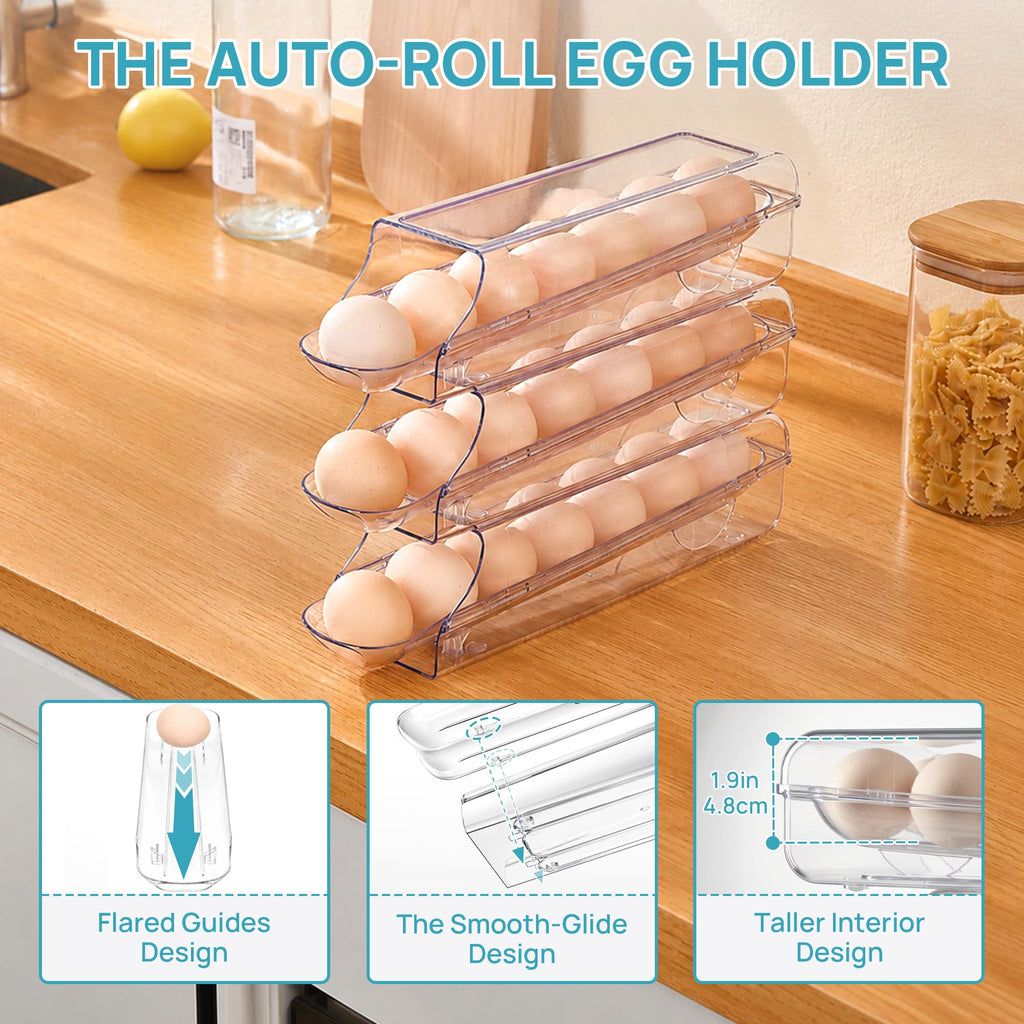 3 Pack Auto Rolling Egg Holder for Fridge, egg container for refrigerator