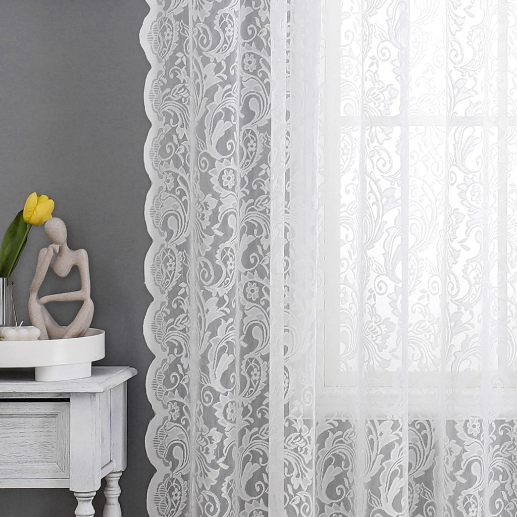 White Lace Curtain 216 inches Long Bedroom Vintage Floral Extra Long Window Scarf Valance 1 Panel 52" Wx216 L