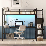 Metal Full Loft Bed with Desk and Wardrobe,Heavy Duty Loft Bed Frame with Storage Stairs,LED Lights and Charging
