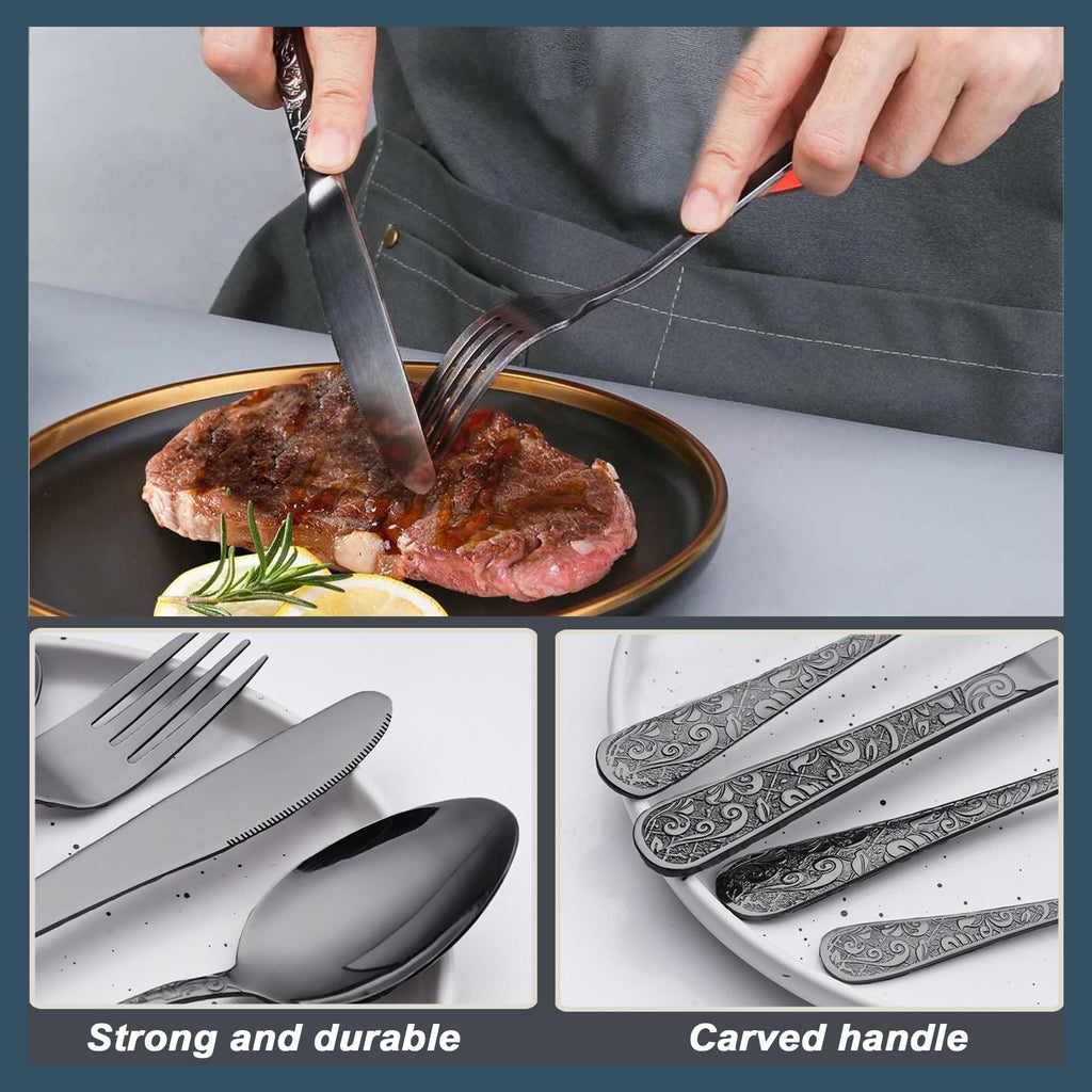 Vintage Carved Black Stainless Steel 20-Piece Flatware Set