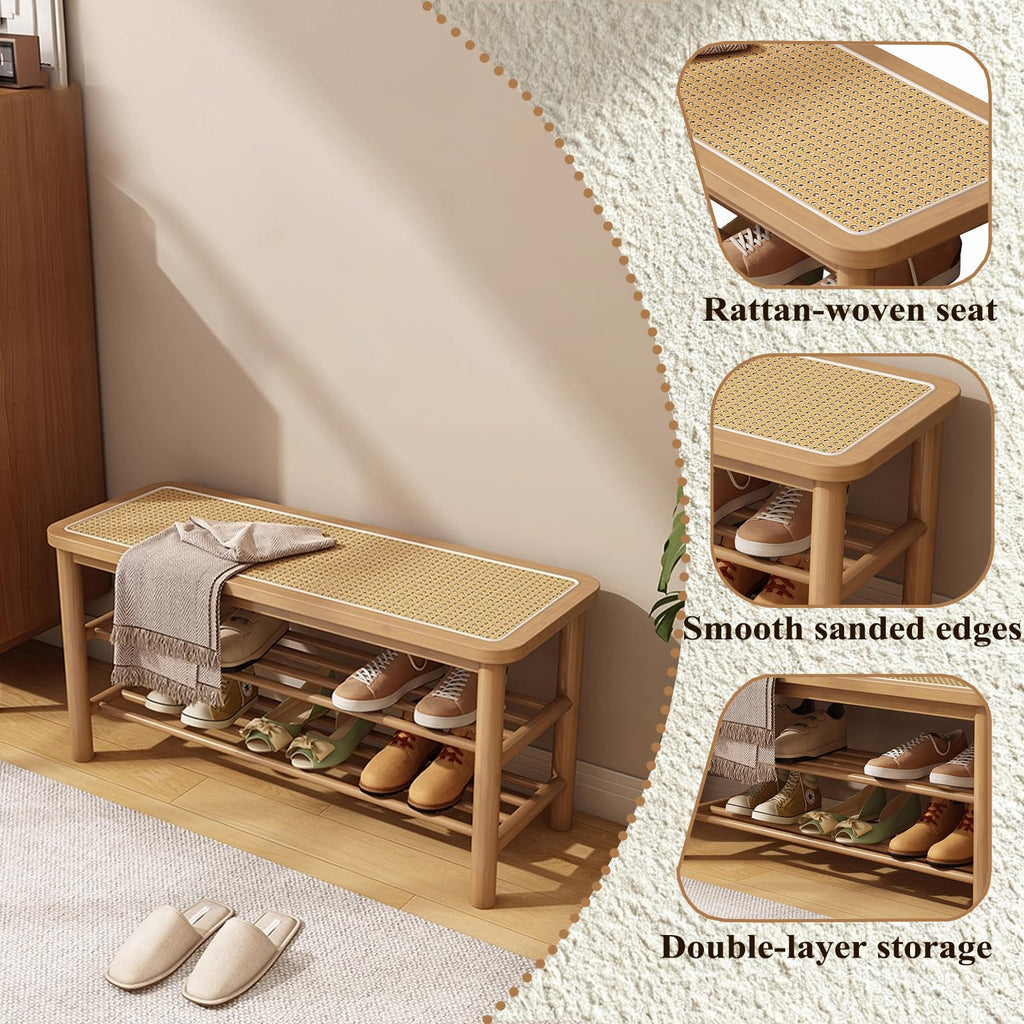 Bamboo Shoe Rack Bench with Rattan Seat, 3-Tier Shoe Storage Bench, Entryway Bench, Nature-39.4 inches