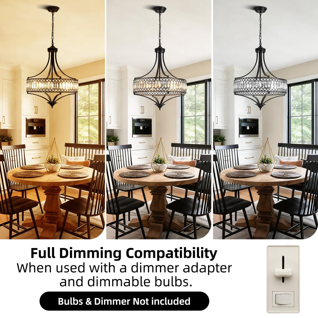 20" Black Crystal Chandeliers, 5-Light Modern Farmhouse Round Crystal Chandelier Light Fixture, Adjustable Height