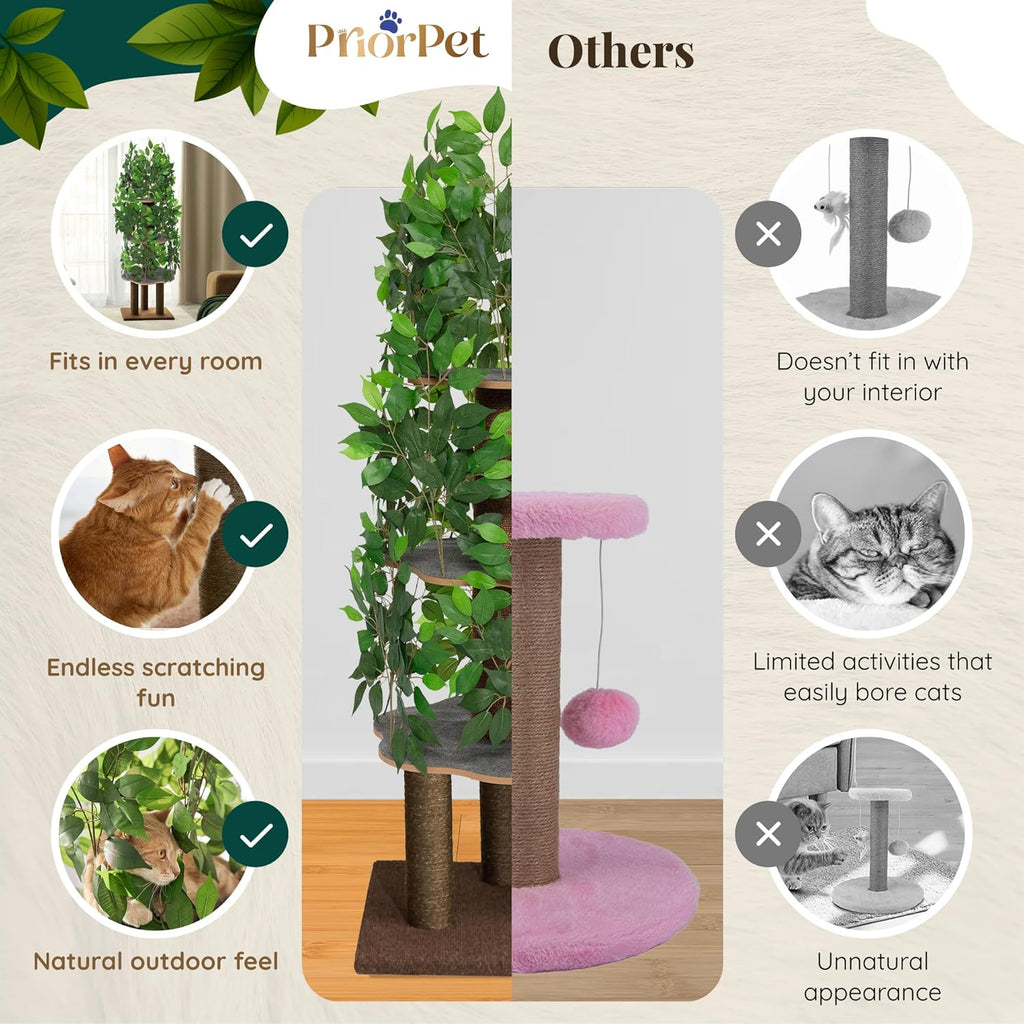 Cat Tree with Leaves - Stable & Space-Saving Design - 4 Scratch Levels & 5 Scratching Posts