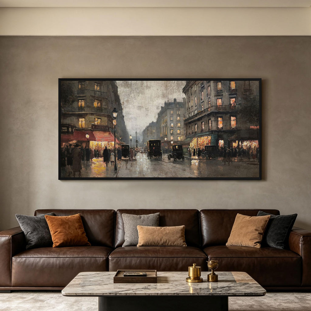 Vintage Paris Street Canvas Print Black Framed Wall 58x29 Inch