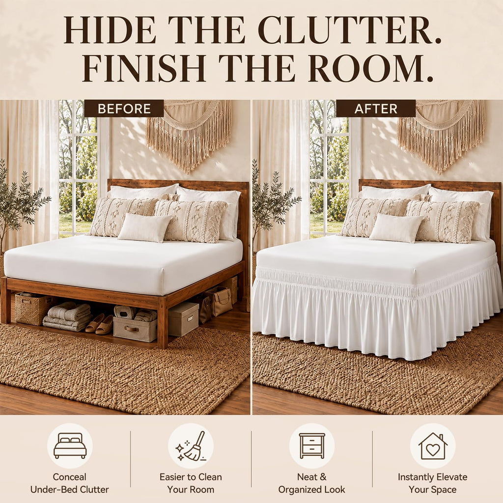 White Queen Bed Skirt 14 Inch Drop, Elastic Wrap Dust Ruffle