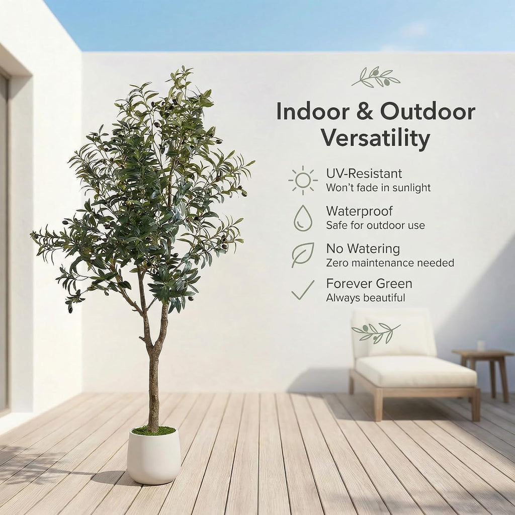 6ft Artificial Olive Tree Indoor with Modern Weighted Planter, Realistic Faux Olive Tree with Wood Trunks, Lifelike
