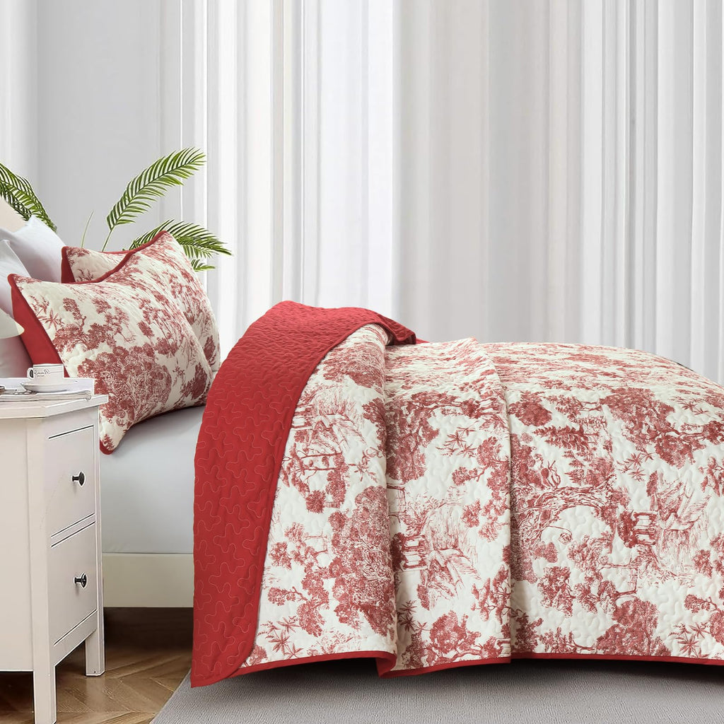 Quilt Set Queen, Botanical Floral Bedspread, Christmas Red