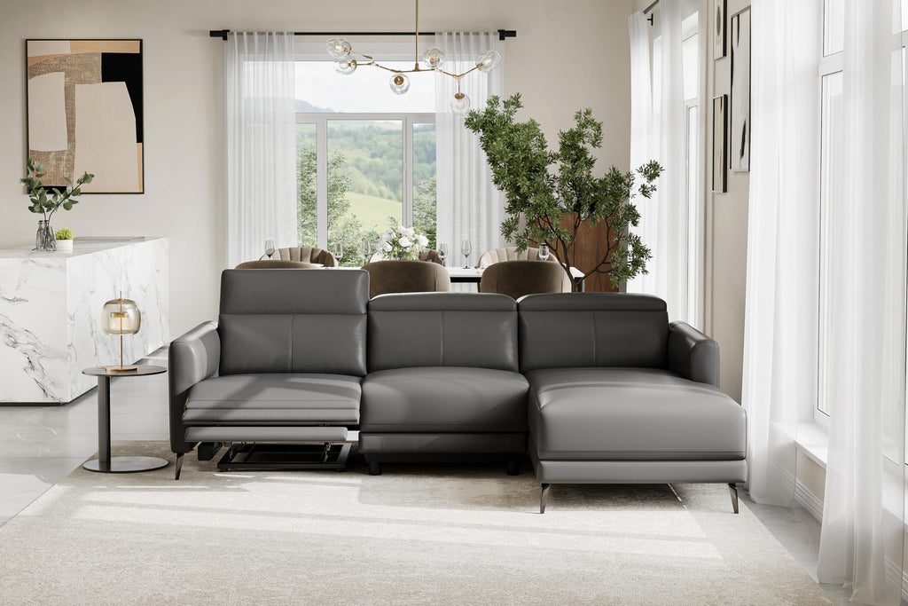 Andria 99.5" Leather Sectional Couch, Power Recliner with Right Chaise - Cloudy Grey