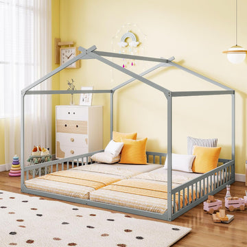 Double Tw Floor Bed for 2 Kids with Guardrails, Grey