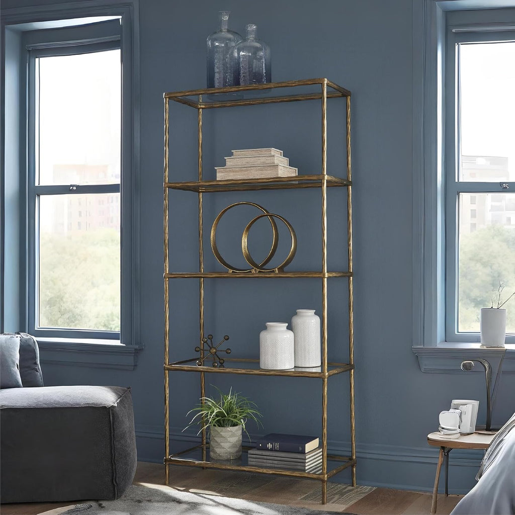 Ryandale Modern 5 Shelf Bookcase, Antique Brass Finish