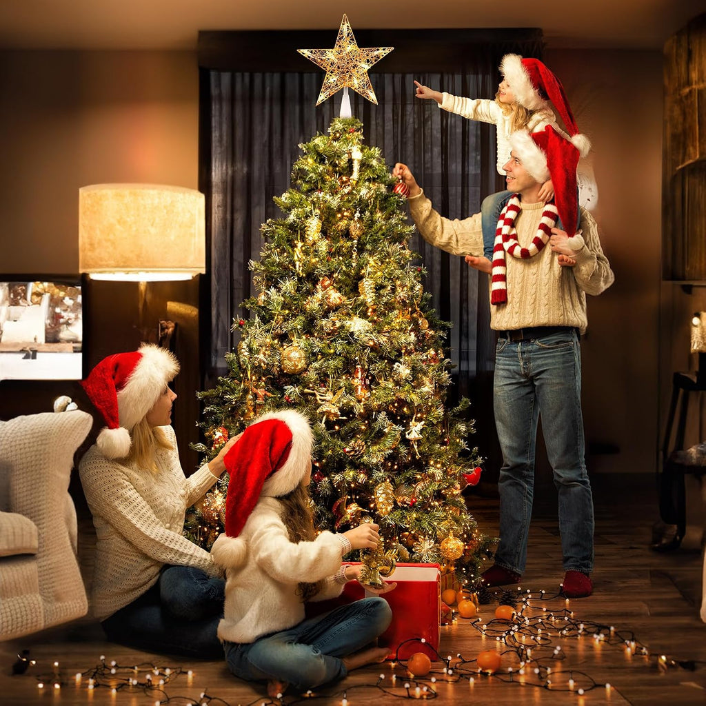 Star Tree Topper, Plug in 3D Twined Golden Star Metal Hollow Designed Christmas Tree Topper Decorations 9 inch,Built