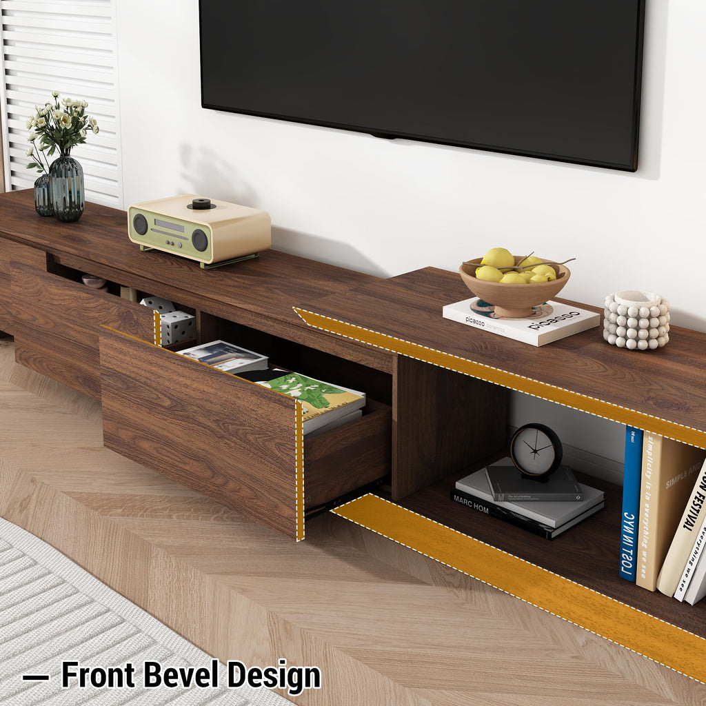 Extendable TV Stand with 3 Drawers, Modern Minimalist Entertainment Center, Reversible Long TV Media Console, Bevel