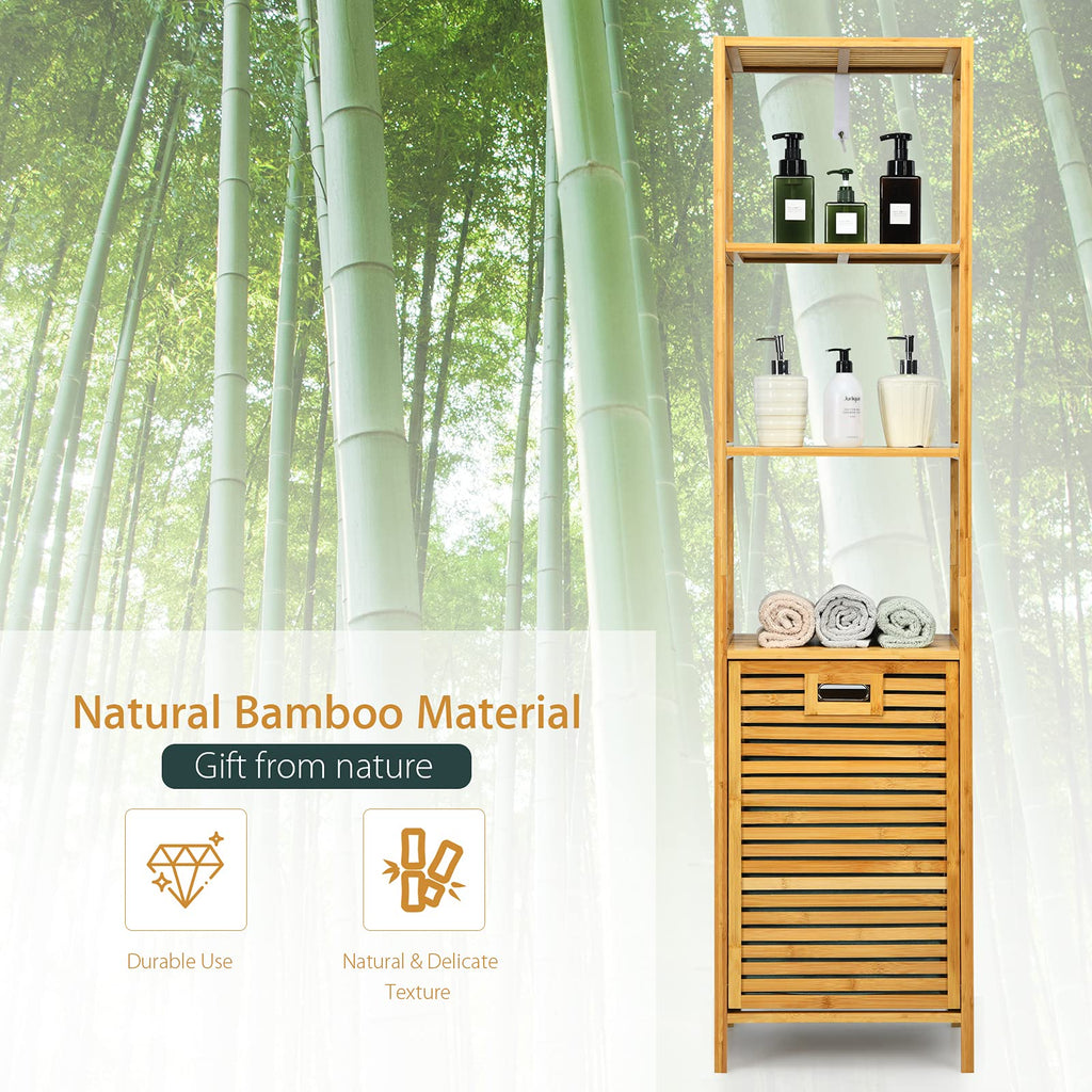 4 Tier Bamboo Shelves with Tilt Out Laundry Hamper, Freestanding Storage Shelf with Laundry Basket, Tower Hamper