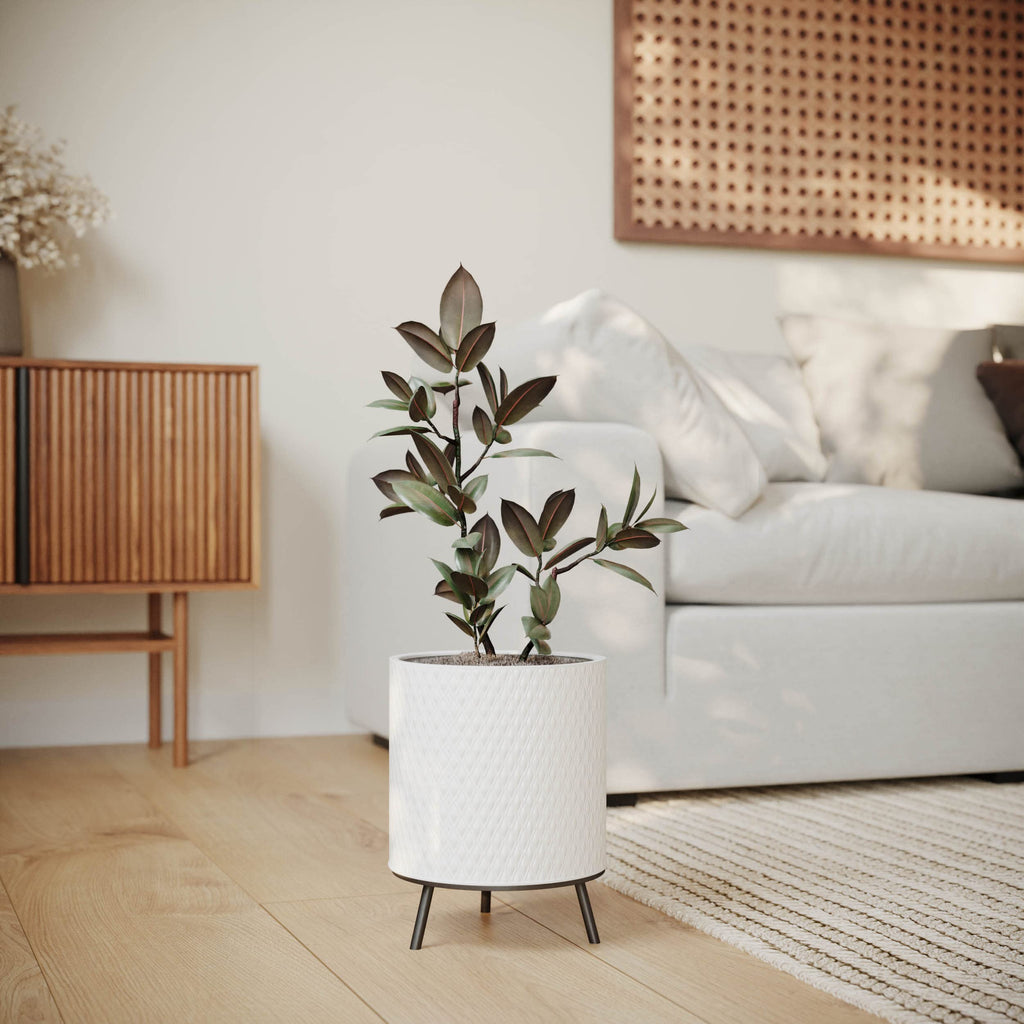 Claire Honeycomb Neutral Modern White Planter with Nyra Stand, Indoor Plant Pots, SelectBase, Mid-Century Modern