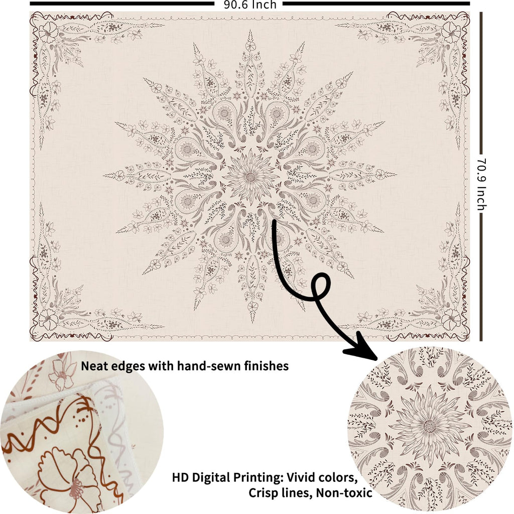 Floral Tapestry Wall Hanging Cute, Boho Wall Tapestry Aesthetic, Mandala Living Room Decor for Teen Girls (Flaxen