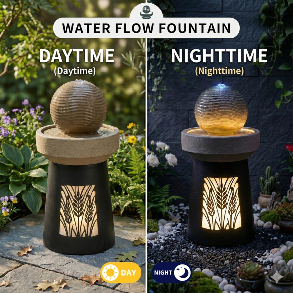 Modern Sphere Water Fountain with LED Lights and Quiet Pump, Freestanding Resin Zen Decor, Suitable , Balcony, Indoor