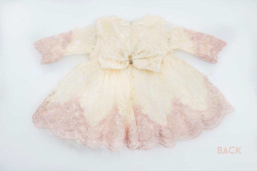Newborn Baby Girl Lace Dress Set, 4 Pieces Outfit for Special Occasions (US, Age, 0 Months, Pink, Ivory, Pearl.)