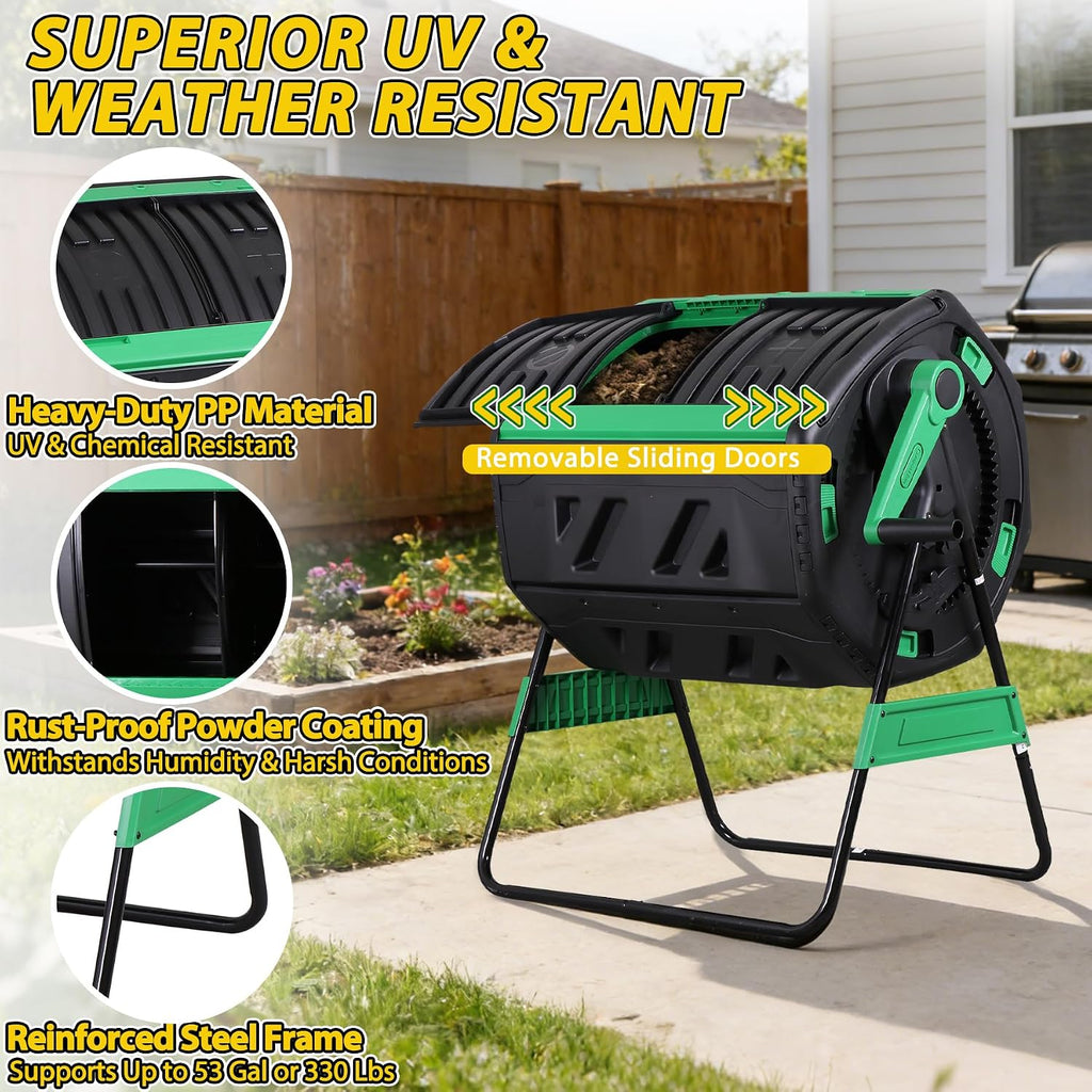 53-Gallon Dual Chamber Compost Tumbler, Outdoor Compost Bin with 360° Hand Crank & Adjustable Aeration, Includes