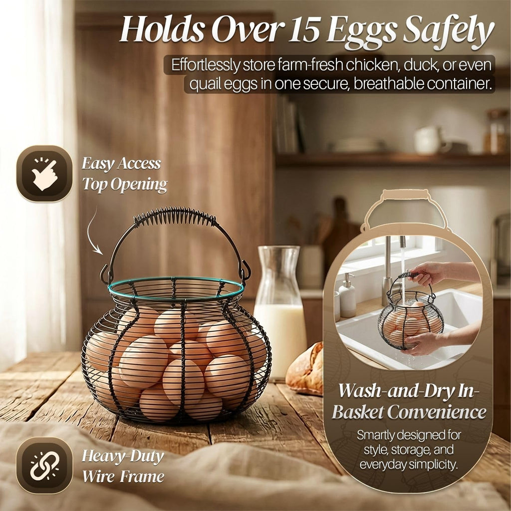 Wire Egg Basket for Collecting Fresh Eggs, Black Countertop Holder