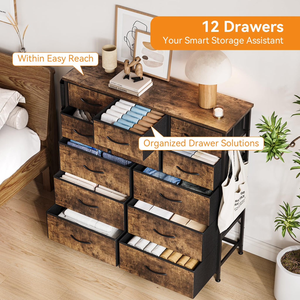 12, Chest of Drawers with Side Pockets and Hooks, Fabric Storage, Sturdy Steel Frame, Wood Top, Easy Pull Handle