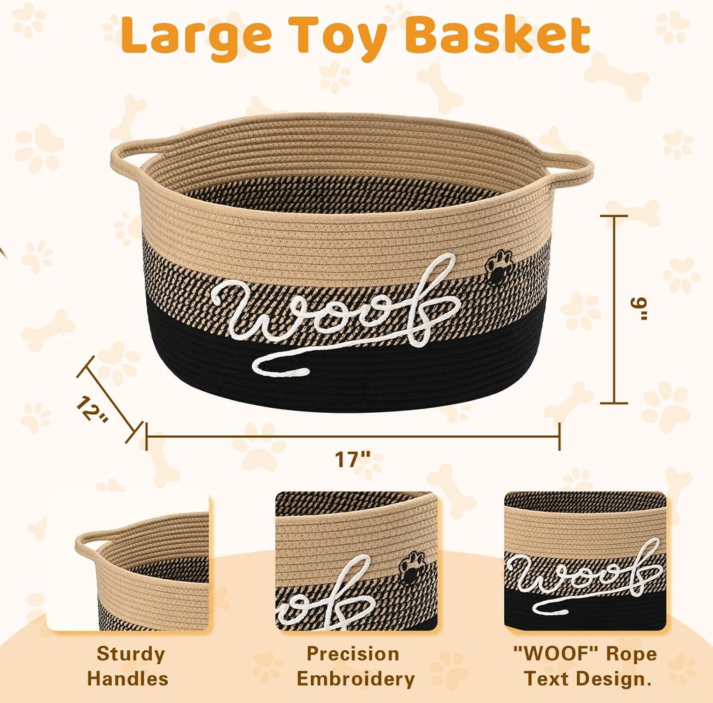 30L Woof Dog Toy Basket with Handles, Large Dog Toy Storage Bin with Paw Print, Woven Dog Basket for Blankets, Toys
