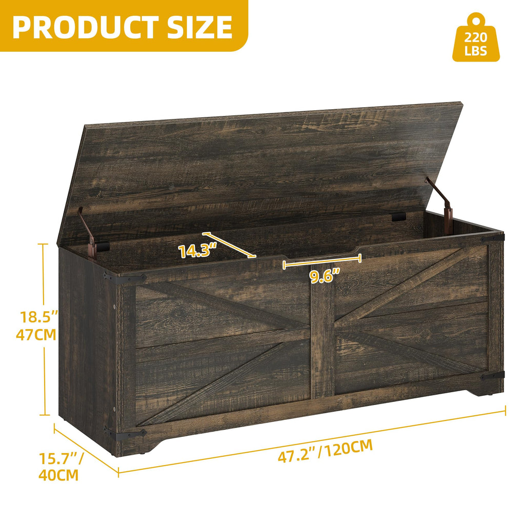Storage Bench, 47.2" Farmhouse Storage Chest with 2 Safety Hinges, Wooden Storage Organizer, Shoe Bench, Dark Rustic
