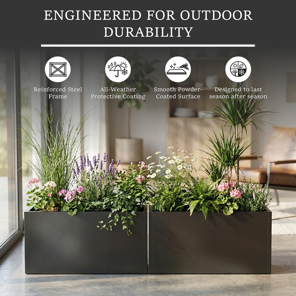 Metal Planter Box 32 Inch Outdoor, Galvanized Steel Raised Garden Bed