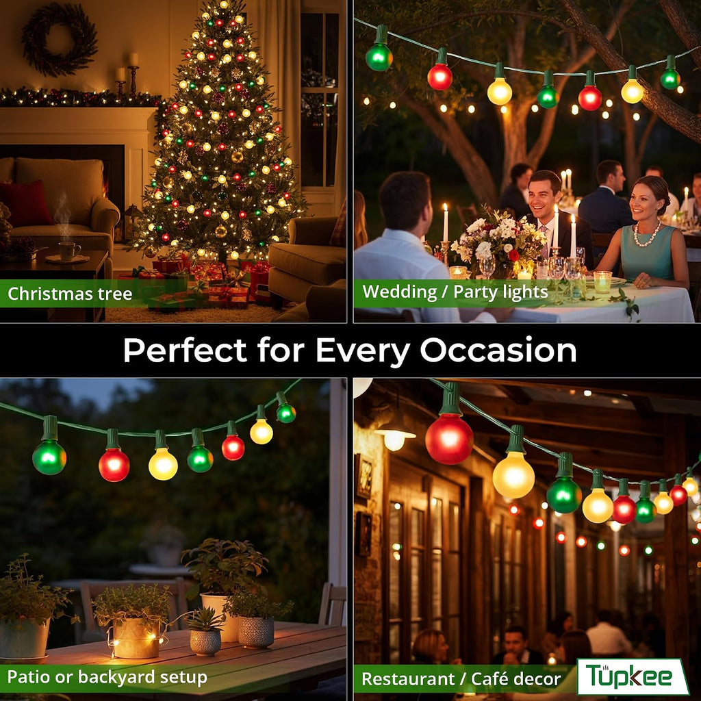 Globe Christmas Tree Lights, Red Green Clear Bulbs, 24 Ft String