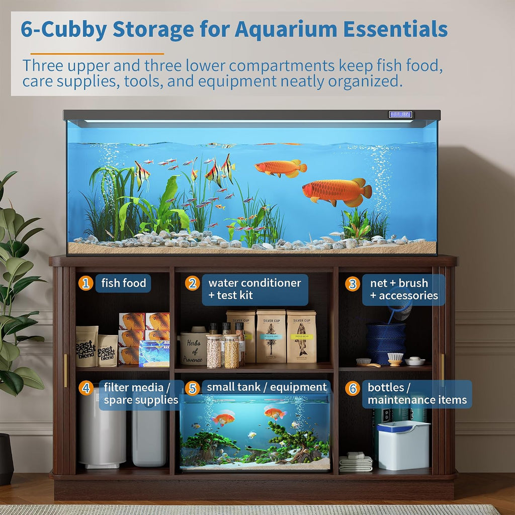 55-75 Gallon Fish Tank Stand with Power Outlet, Mid Century Modern Aquarium Stand with Adjustable Shelves and Sliding