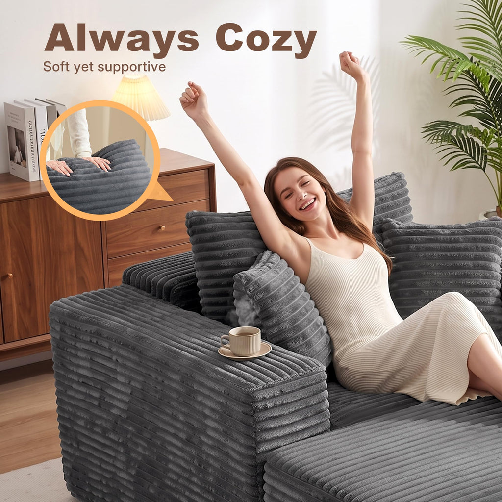 60'' Oversized Chaise Lounge Chair Indoor with Ottoman, Convertible Boneless Sofa Bed & Corduroy Reading Chair, No