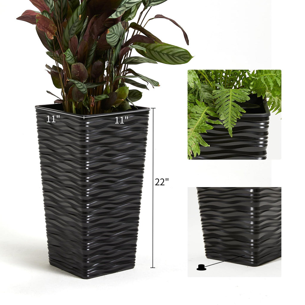2 Pack 22" Tall Plastic Square Tapered Planter with Inside Pots for Indoor or Outdoor Use, Modern Wavy Finish for