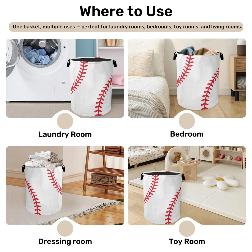 Baseball Large Clothes Hamper Bag - Laundry Basket with Handles, Space Saving Foldable Design