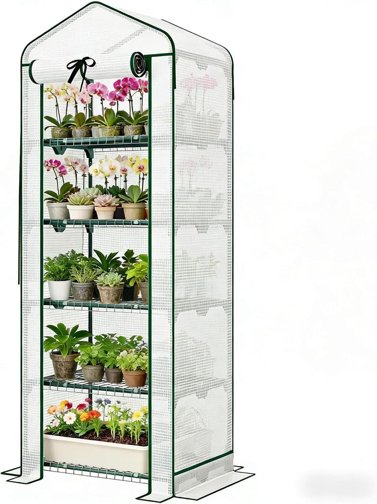 Portable Five-Tier Mini Greenhouse with Steel Frame | Five-tier plant shelf with 22 lb weight capacity per shelf