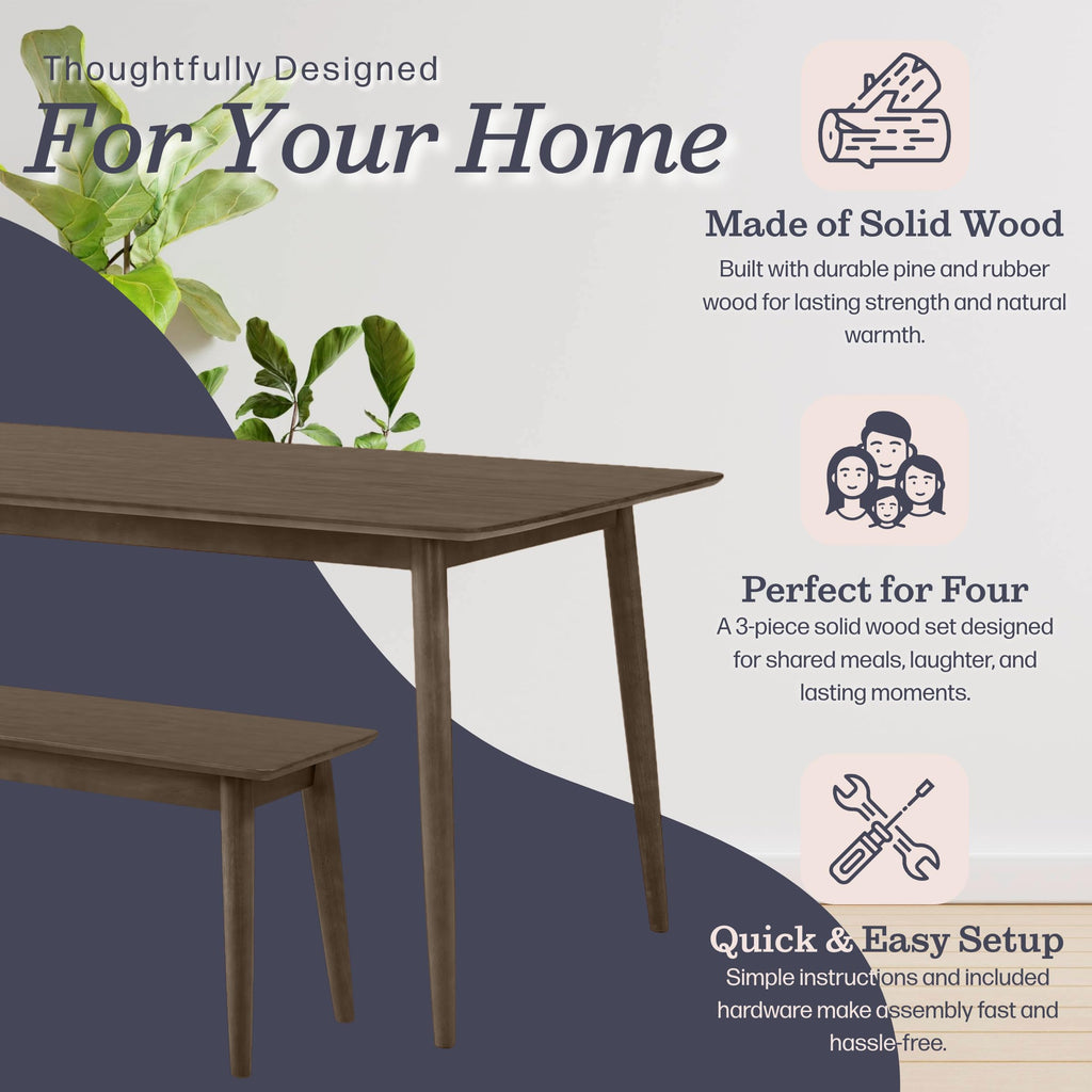 Calais Wooden Dining Table Set for 4 with Benches, Warm Walnut
