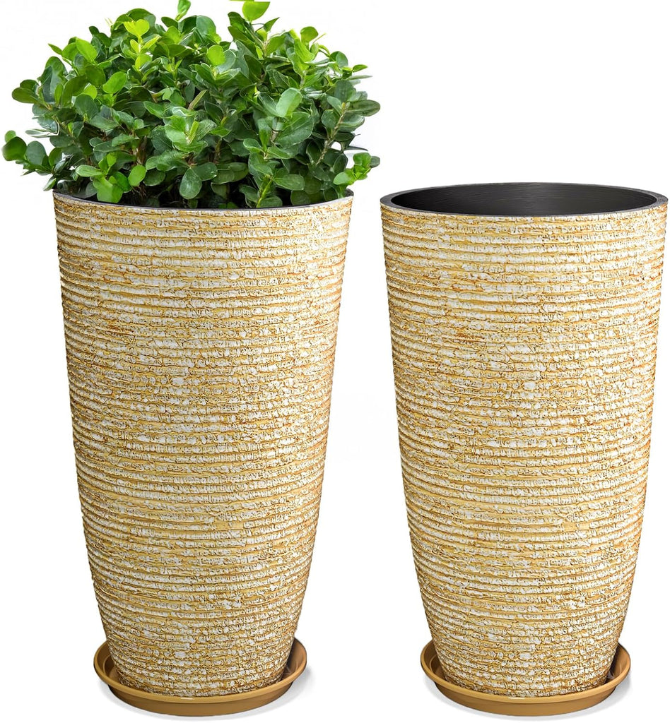 Set of 2 9 Gallon Tall Large planters for Outdoor/Indoor Plants of 12" Dia x 21" H Round Flower Pots Set Faux Stone