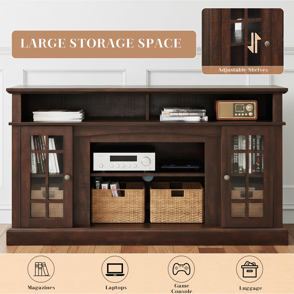 Traditional American Country Style TV Stand with Glass Door, 58"W Large Entertainment Center with Open Shelves, Home