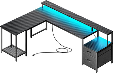 66" L Shaped Gaming Desk with LED Lights & Power Outlets | Computer Desk with Fabric Drawers and Print Stand, Corner