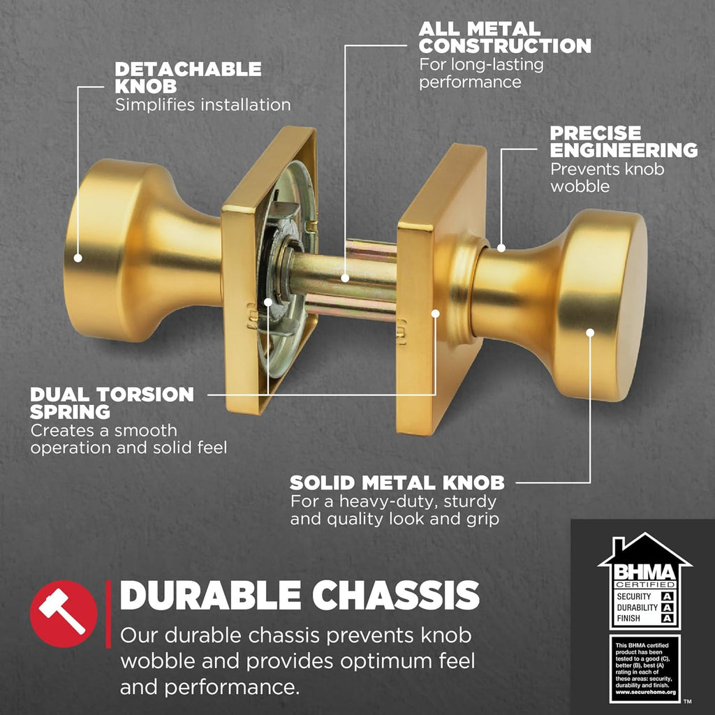 Pismo Interior Passage Door Knob, Handle for Closet and Hallway Doors, Non-Locking Doorknob, Satin Brass, Square