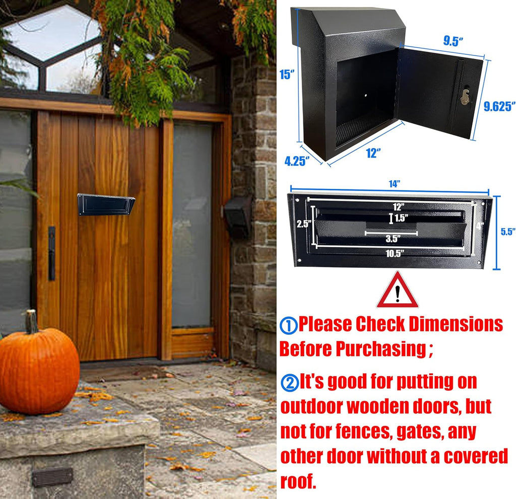 Locking Door Mounted Mailbox with Rear Access Door & Rain Cover, Heavy-Duty Galvanized Steel Mail Drop Box for Letters