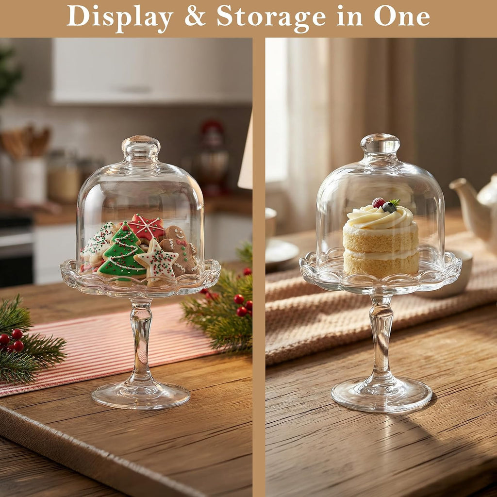 Glass Mini Cake Stand with Clear Dome Lid, Elegant Pedestal Cupcake Stand, Clear Glass Cake Dome for Cake Storage