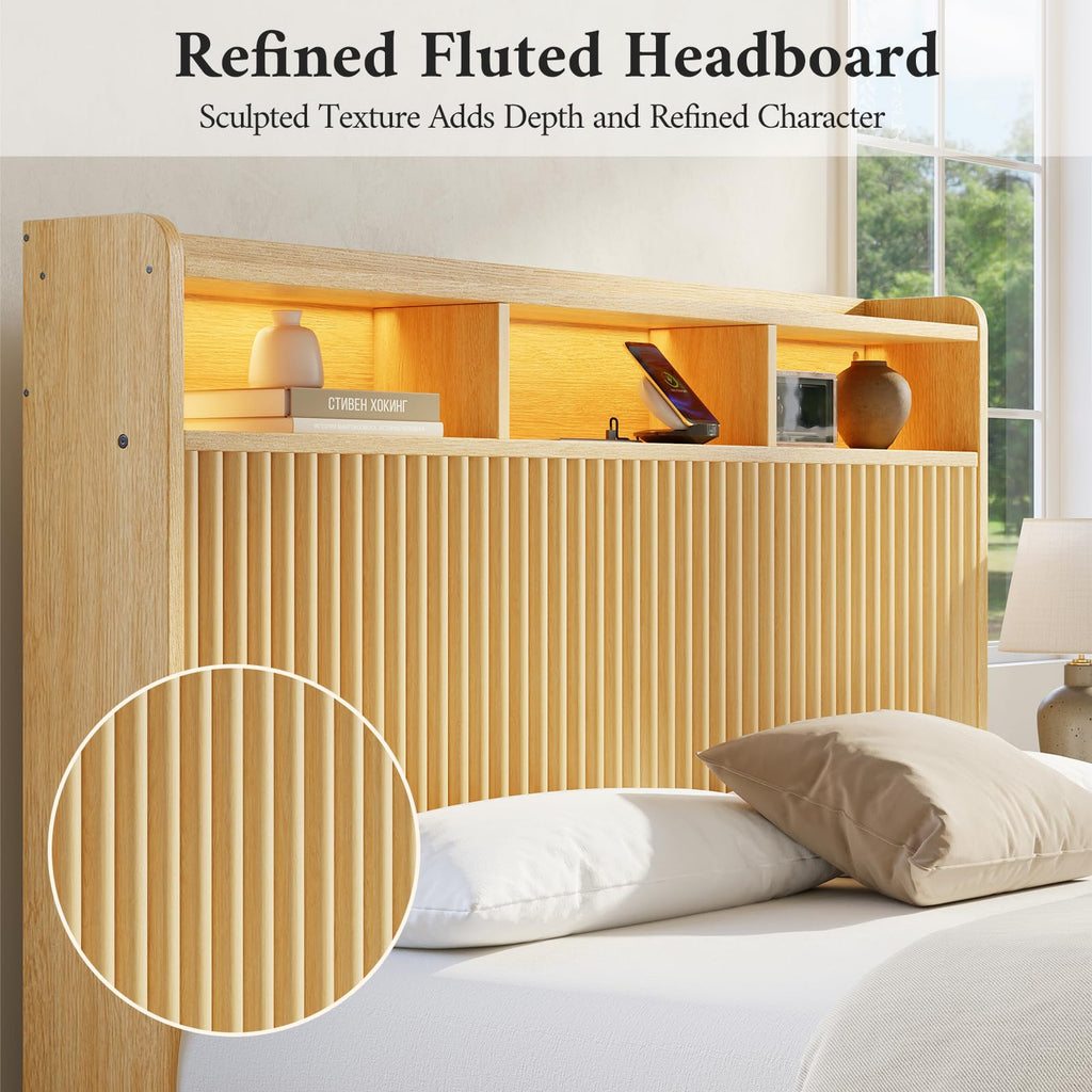 Queen Bed Frame with Headboard and Storage Drawers, Queen Size Platform Bed Frame with LED Lights and Charging