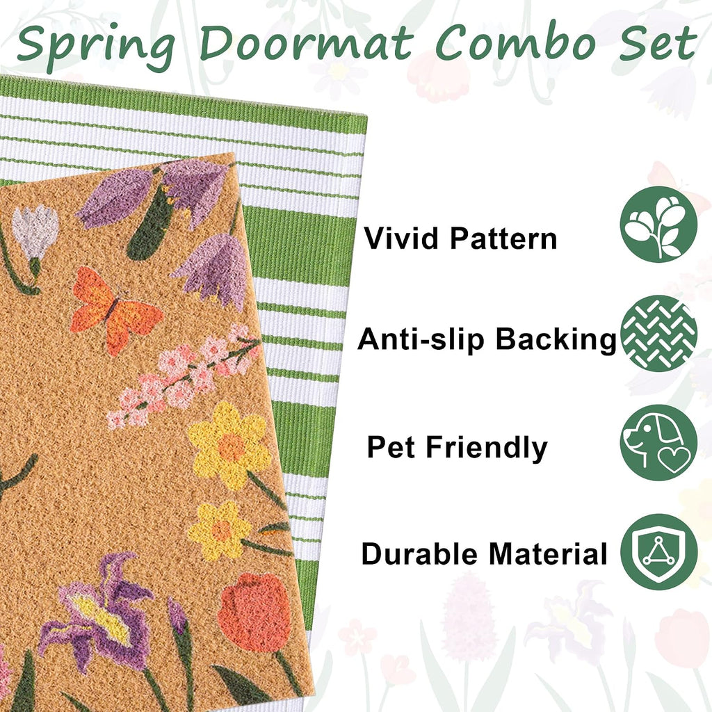 Wildflower Welcome Mat 17" x 29.5" + 27.6" x 43.3" Green White Striped Rug | Two-piece Layered Design Combines