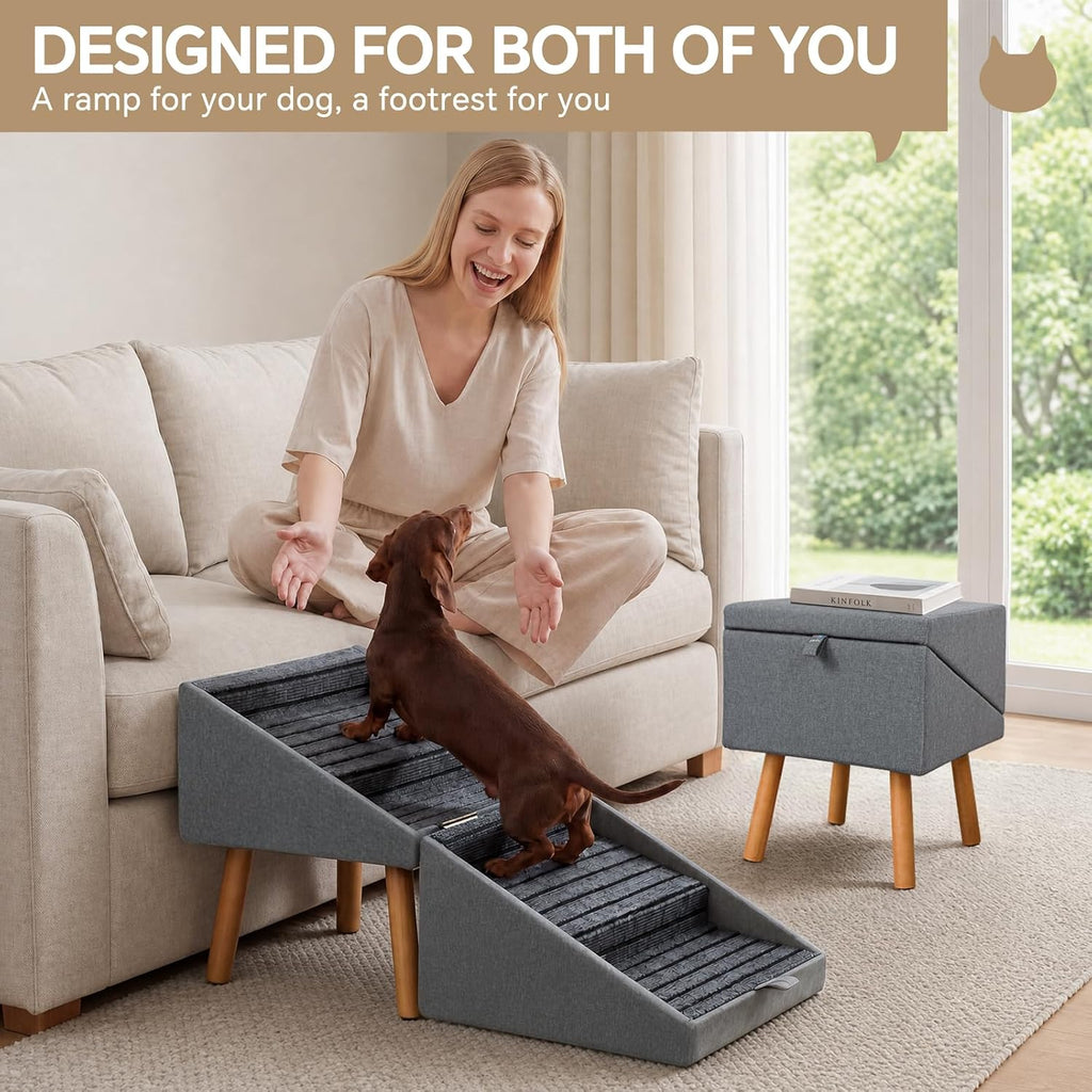 2-in-1 Wooden Pet Stairs & Ottoman 17" H Foldable Dog Ramp with Solid Wood Frame & Tech Cloth Surface Pet Footstool