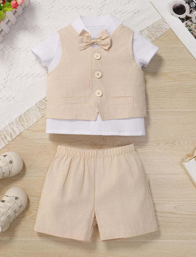 Toddler Baby Boys Formal Suit Set with Dress Shirt + Bowtie + Vest + Pants Piece Gentleman Wedding Tuxedo Outfits