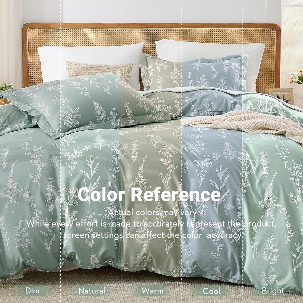 Duvet Cover Queen, Reversible Floral Green Duvet Cover Set with Zipper Closure, 3 Pieces Botanical Patterns Soft
