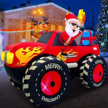 7FT Christmas Inflatable Outdoor Decoration, Inflatable Santa Claus & Reindeer on Monster Truck, Blow Up Yard