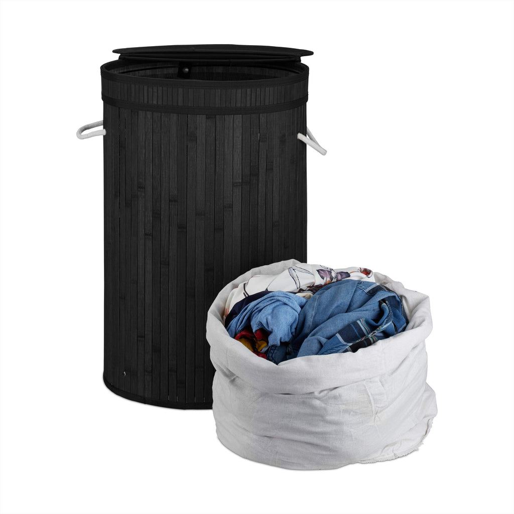 Lidded Laundry Hamper, Round Clothes Sorter, 65 litres, XXL Stand, Black, Standard