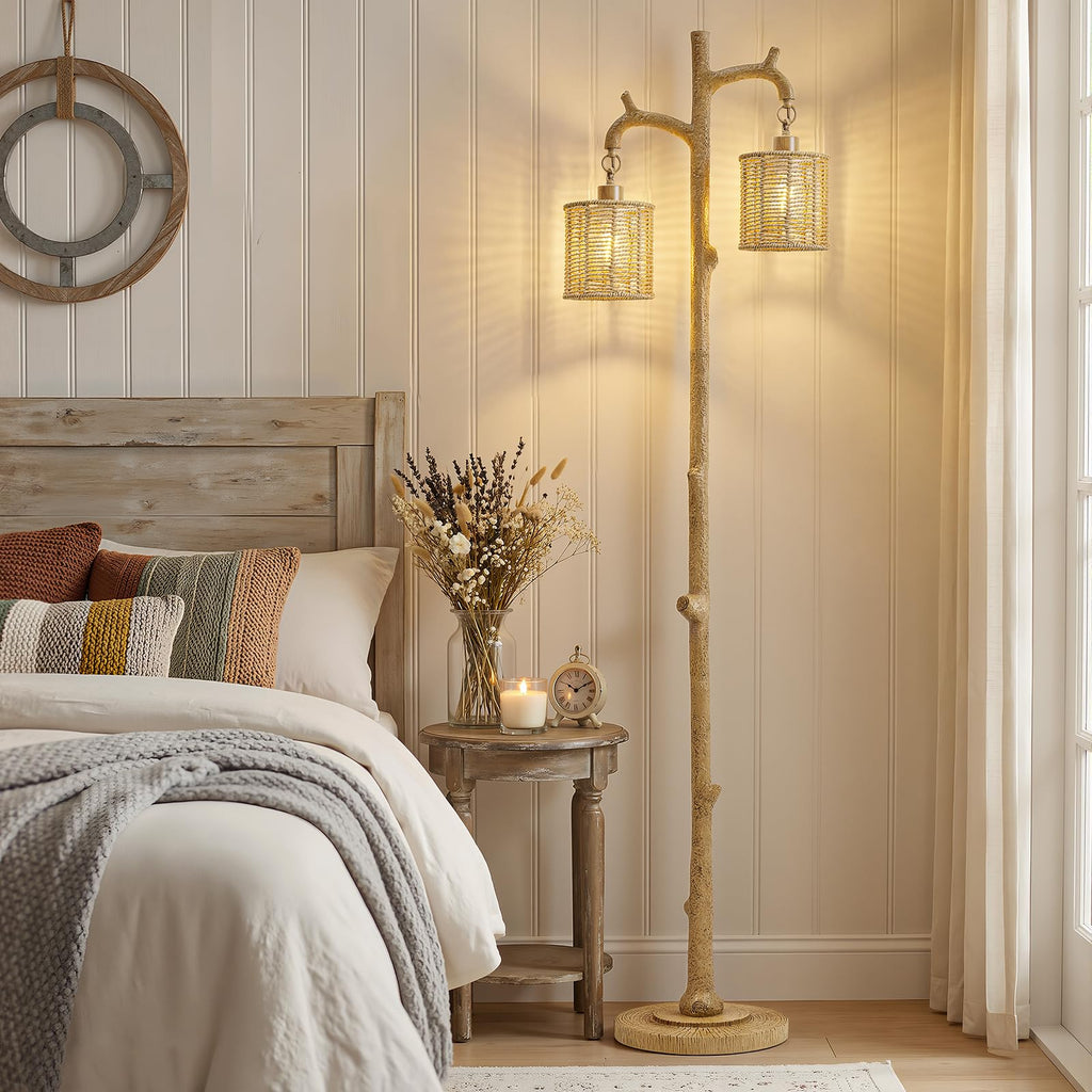 Floor Lamp - 69" Farmhouse Tree Trunk Standing Lamps - Country Resin Tall Lamp with 2 Rattan Lampshade - Rustic Floor