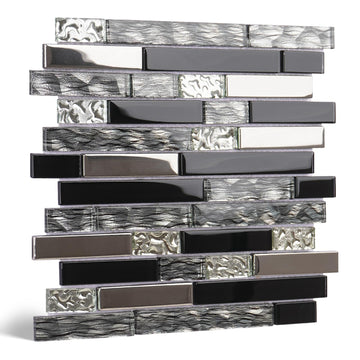 5-Sheet Glass Backsplash Tiles, 5 Square Feet Black Glass Mosaic Backsplash Subway Metal Tile Wall Bathroom