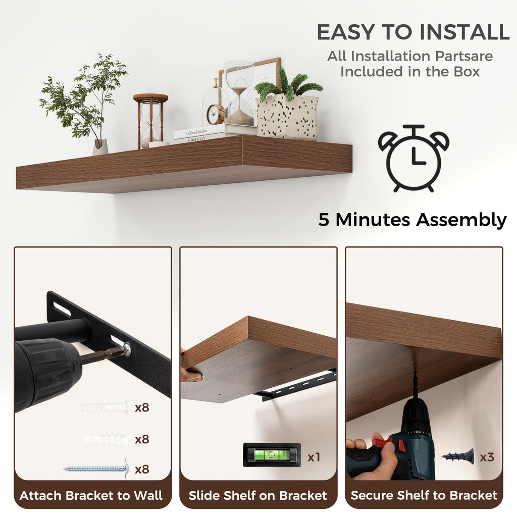 40 Inch Floating Shelves for Wall, 12"D Wood Storage Shelves, Walnut Finish